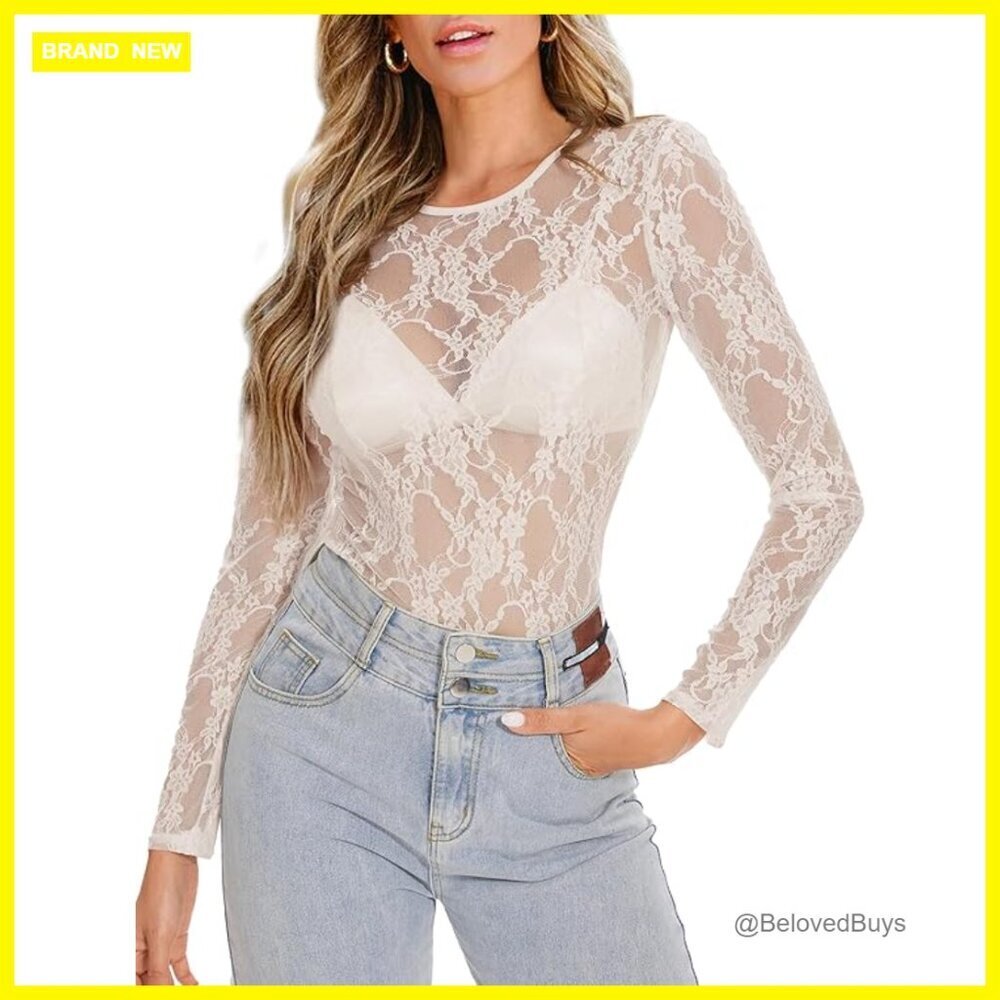 Mesh Long Sleeve Top Lace Crewneck Slim Fit See Through Blouse